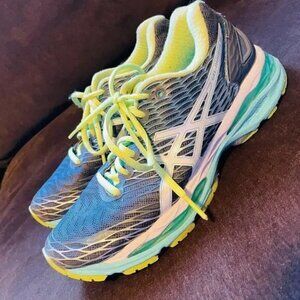 Excellent ASICS GEL NIMBUS 18 Grey Turquoise Lime Womens 7.5 US Medium 39 EUR